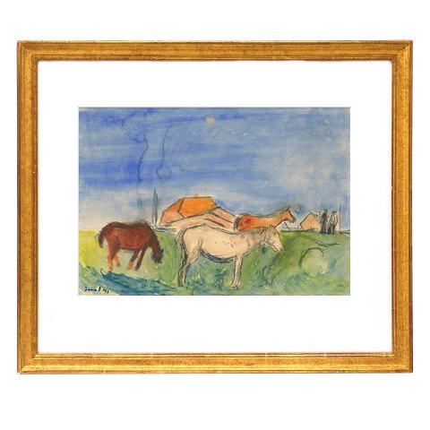 Jens Søndergaard, 1895-1957, water color. 
Landscape with horses signed and dated 1941. 
Visible size: 25,5x36,5cm. With frame: 45x53cm
