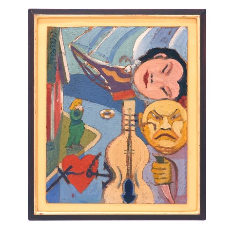 Henry Heerup maleri. Henry Heerup, 1907-93, olie på plade. Motiv i form af tro, håb og kærlighed, rejse og sejlskib. Signeret Heerup. Lysmål: 50x41cm. Med ramme: 62x51cm