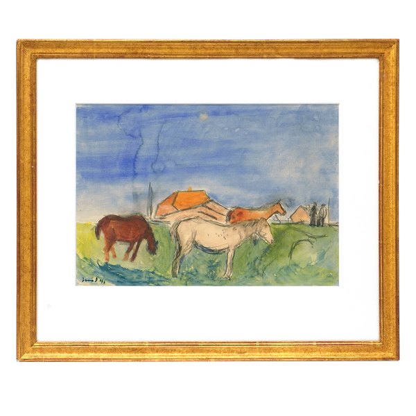 Jens Søndergaard akvarel. Jens Søndergaard, 1895-1957, akvarel med motiv i form 
af heste på mark med huse og personer i baggrunden. Signeret og dateret 1941. 
Lysmål: 25,5x36,5cm. Med ramme: 45x53cm