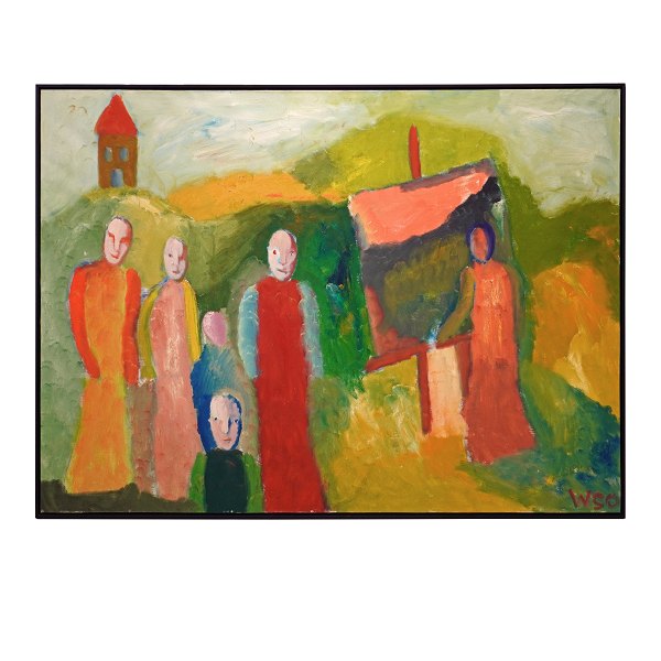 William Skotte Olsen, 1945-2005, oil on canvas. Landscape with people. Signed WSO. Visible size: 134x184cm. With frame: 138x188cm