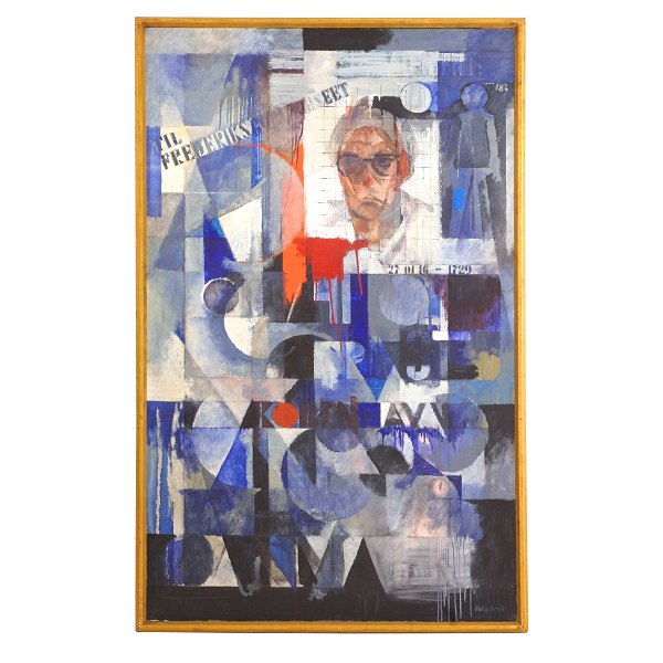 Helge Ernst maleri. Helge Ernst, 1916-91, olie på lærred. Motiv i form af selvportræt betitlet "Person nummer 270116-1729". Signeret og dateret 1972. Mål: 146x89cm